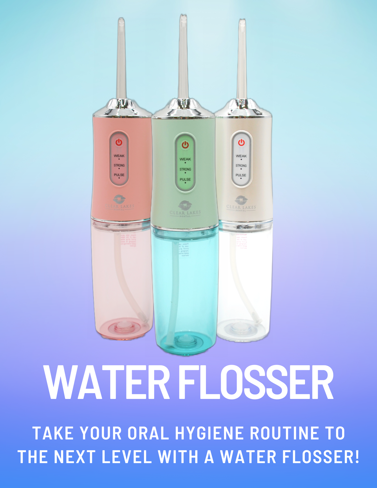 3 Water Flossers on a blue and purple background with the text "Water Flossers- Take Your Oral Hygiene Routine to the Next Level with a Water Flosser!"
