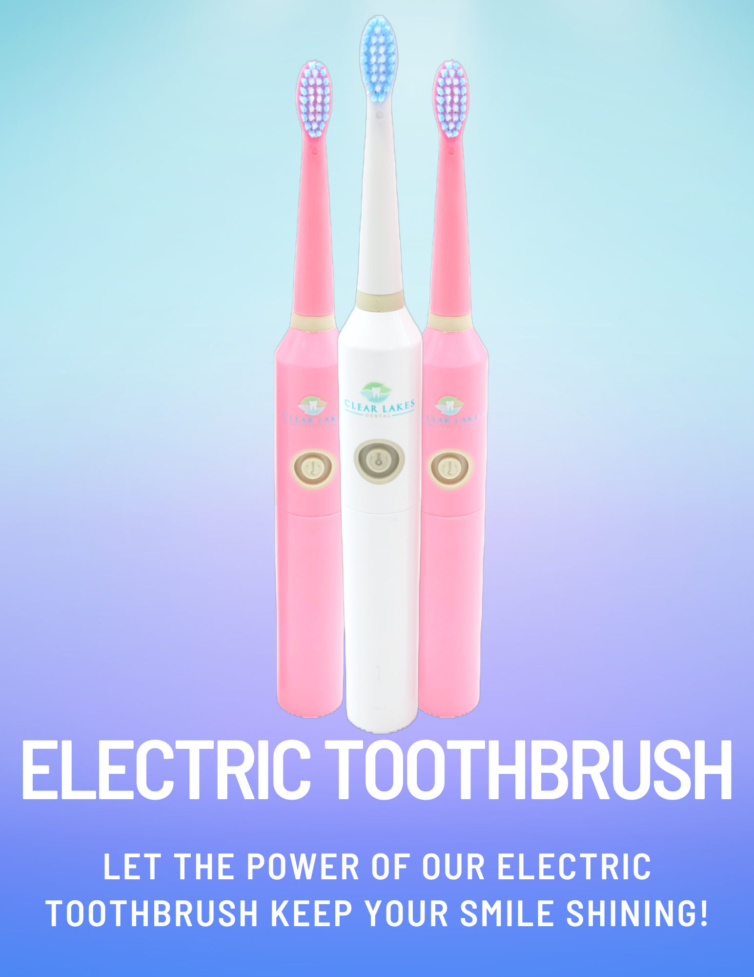 One White Electric Toothbrush and One Pink Electric Toothbrush on a blue and purple background with text below "Electric Toothbrush - Let the Power of Our Electric Toothbrush Keep Your Smile Shining!"