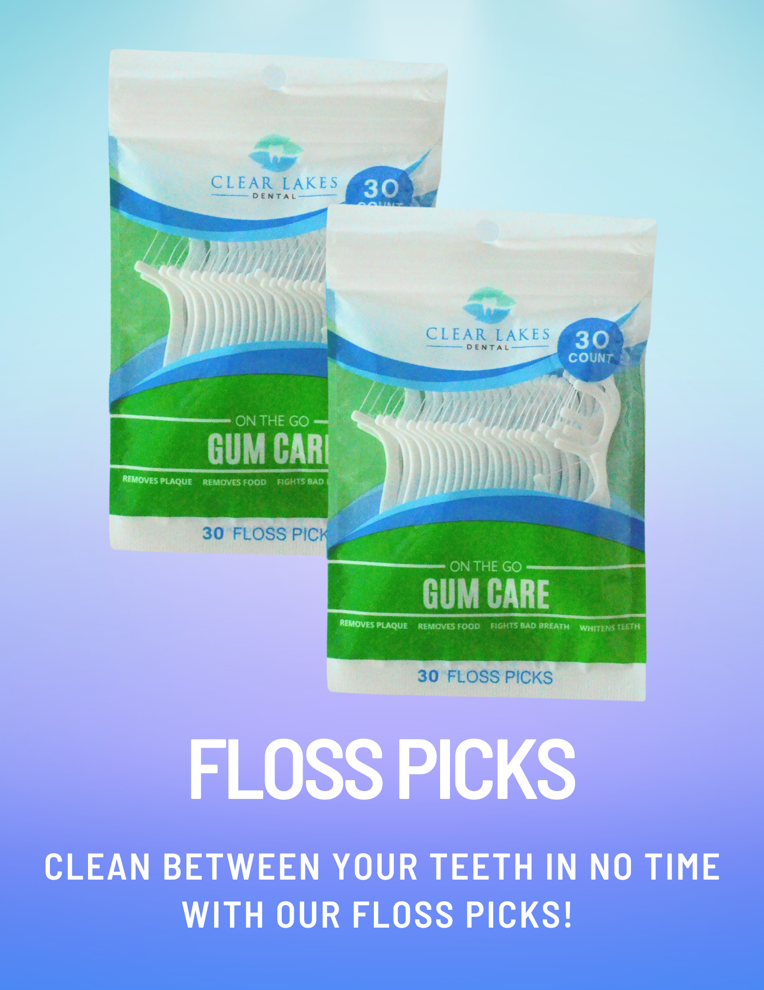 2 Bags of Floss Picks on a blue and purple background with text "Floss Picks - Clean Between Your Teeth In No Time With Our Floss Picks!"