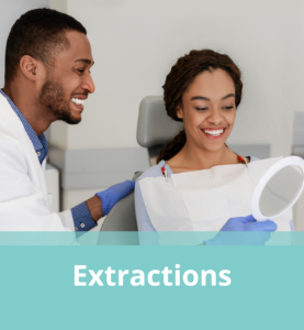A Dentist & a Patient smiling and looking into a hand-held mirror, with text below that reads "Extractions"
